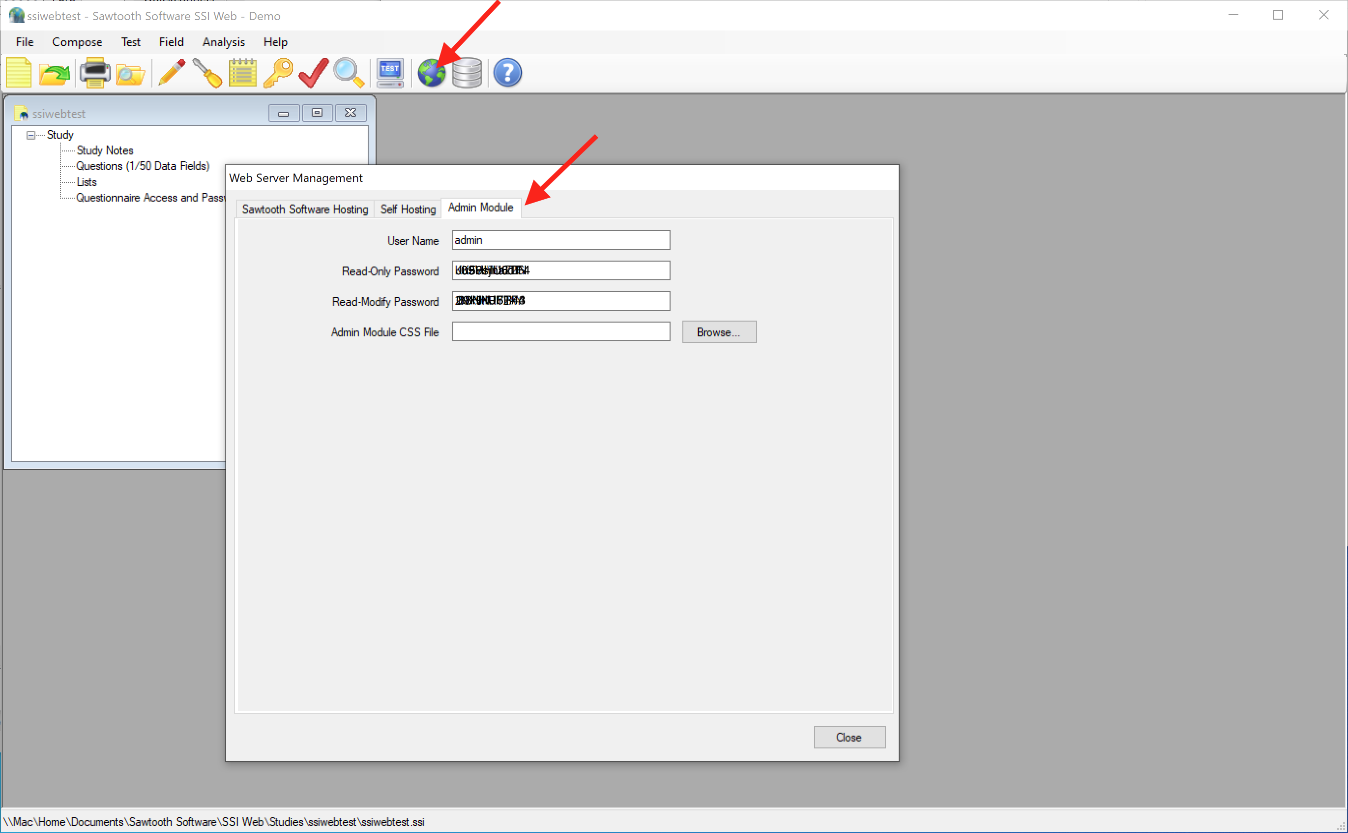 Screen Shot pointing out the "Web Server Management" dialog and "Admin Module" tab in the SSI Web 8 interface.