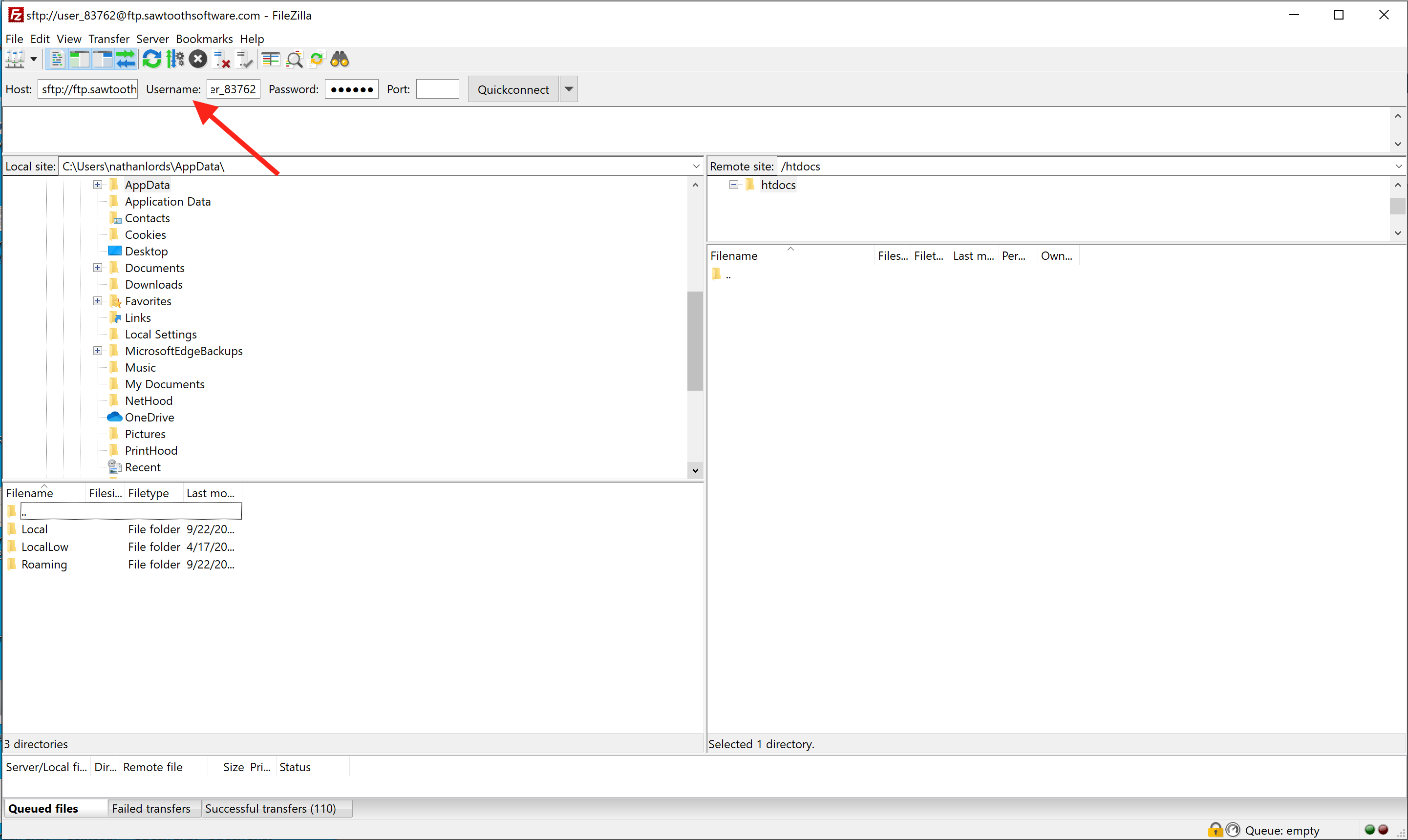 Screen Shot pointing out where to enter the FTP server credentials in FileZilla