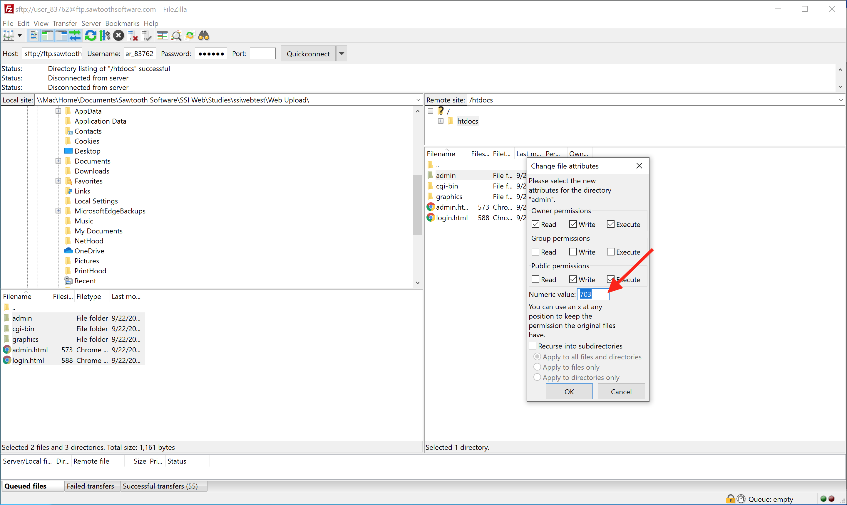 Screen Shot pointing out the "Numeric Value" field in the "Change file attributes" menu in FileZilla