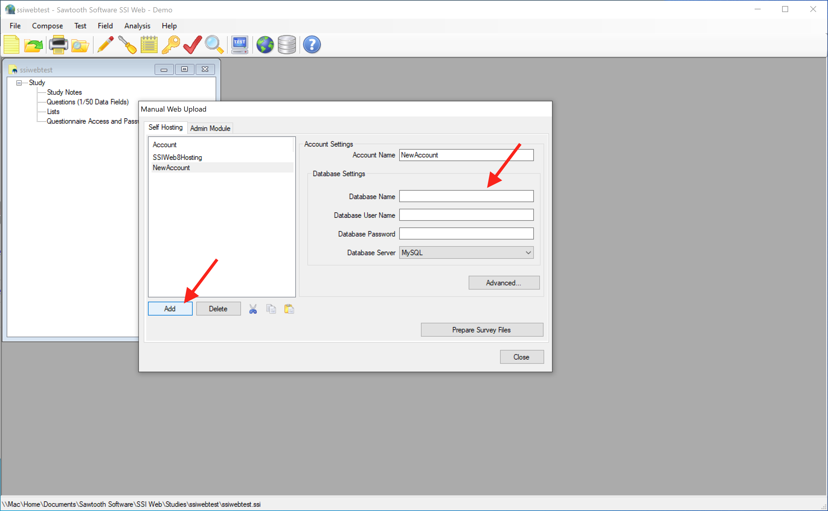 Screen Shot pointing out the "Add" button and the "Database Settings" fields in SSI Web 8.