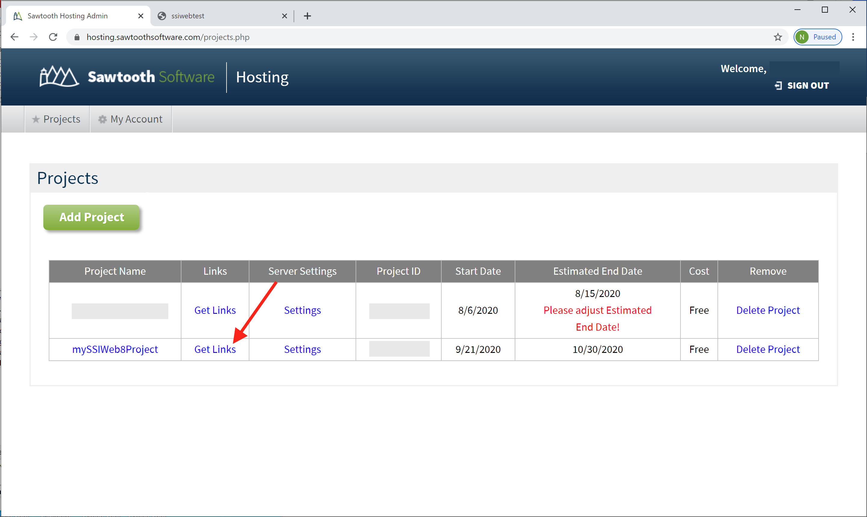 Screen Shot pointing out the "Get Links" link in the Sawtooth Software hosting portal interface.