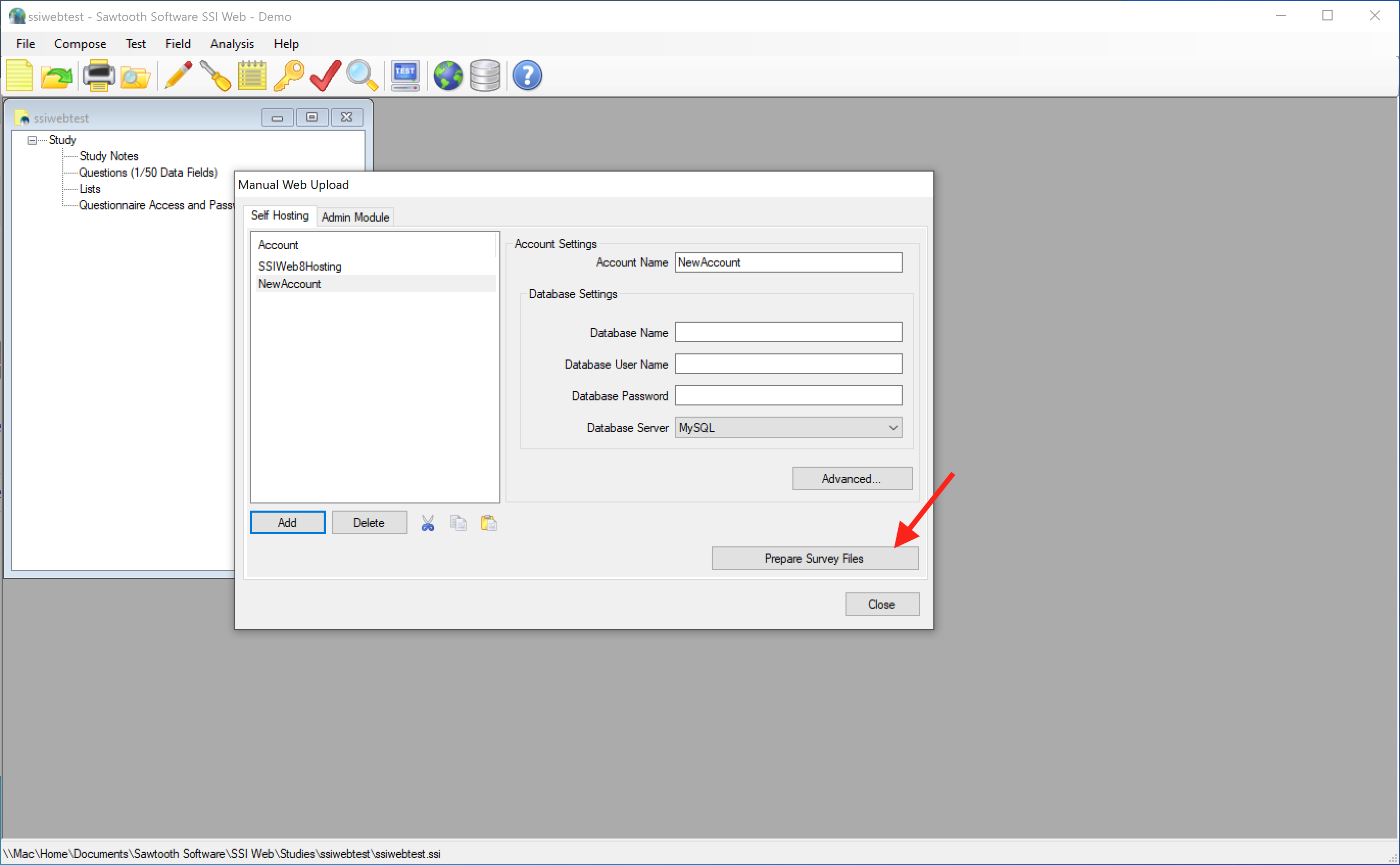 Screen Shot pointing out the "Prepare Survey Files" button in SSI Web 8.