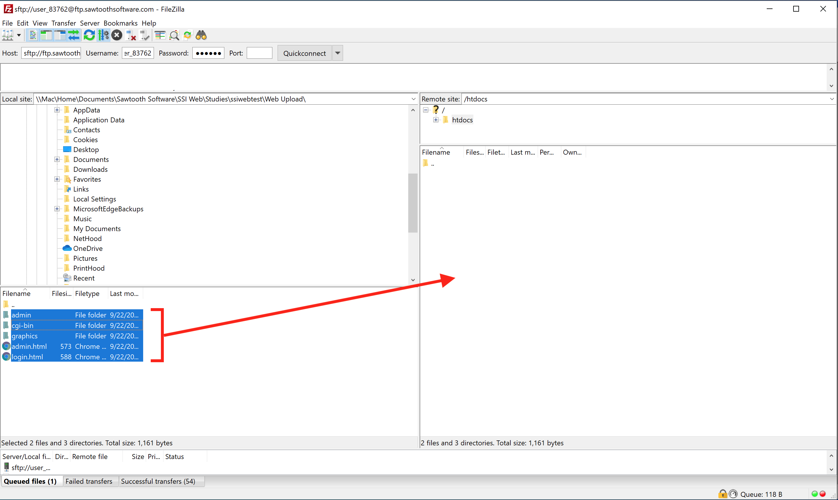Screen Shot illustrating dragging and dropping files in the FileZilla interface.